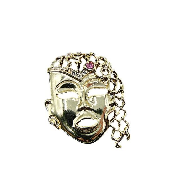 Mardi Gras Thai Style Oriental Mask Brooch Hat Lapel Pin Pink Stone Gothic - Picture 8 of 12